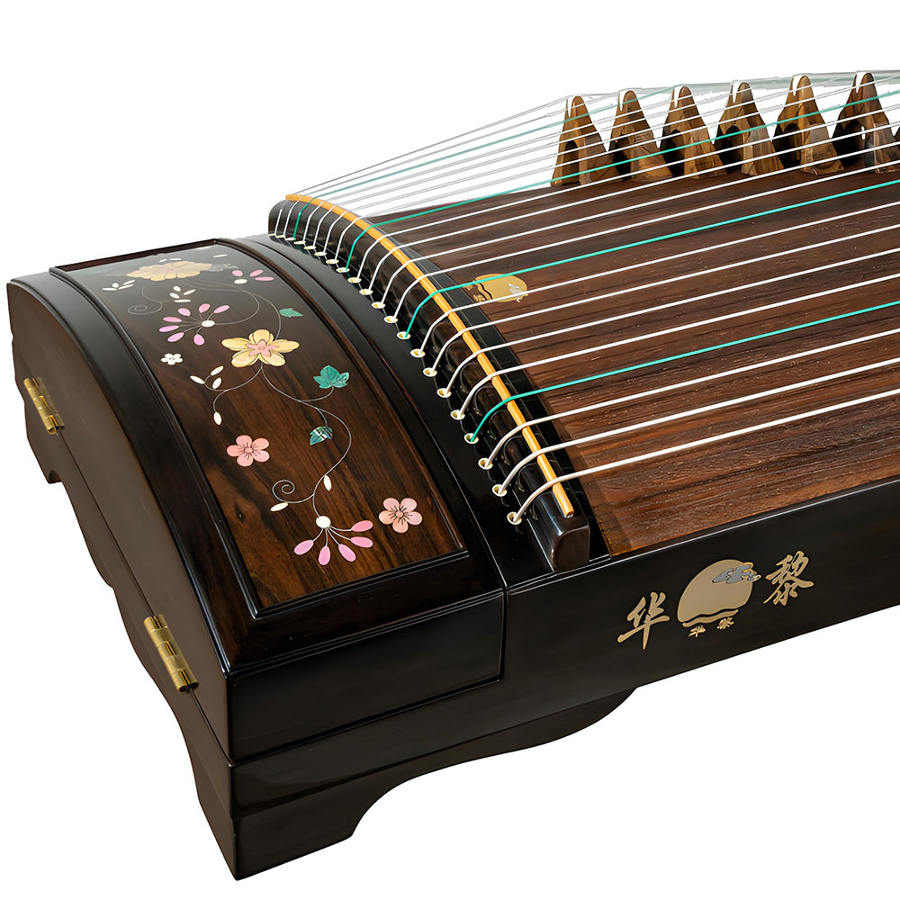 Huali Guzheng 803CF “Splendid Blossoms” — Ebony Frame, Silver Filigree & Mother-of-Pearl Inlay, Professional Grade