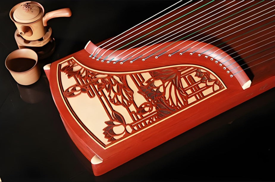Dunhuang Guzheng 694M-HH "Fishing Boat Song at Dusk (Lotus)" – 163cm Zither with Floral Inlay, Premium Ancient Rosewood