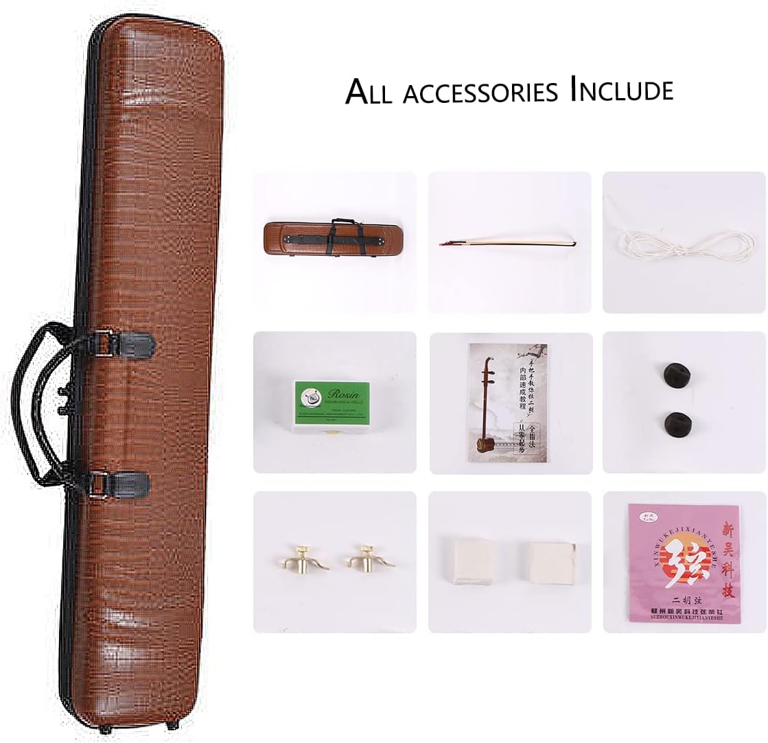 Professional Black Sandalwood Erhu - 2-String Chinese Violin Fiddle with Bow, 10-Grid Python Skin, Learning DVD, Rosin, Cleaning Cloth, Bridge
