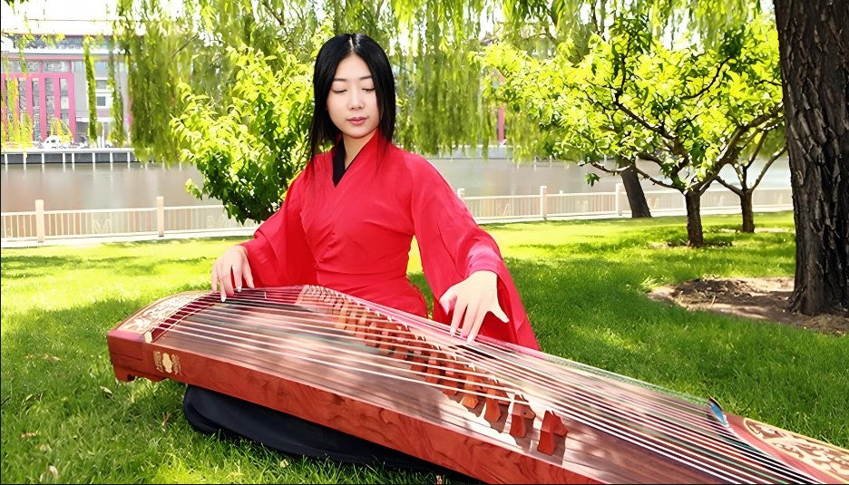 Dunhuang Guzheng 694M-HH "Fishing Boat Song at Dusk (Lotus)" – 163cm Zither with Floral Inlay, Premium Ancient Rosewood